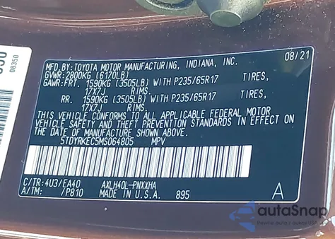 2021 Toyota Sienna Xle из США, поврежденный, VIN 5TDYRKEC5MS064805